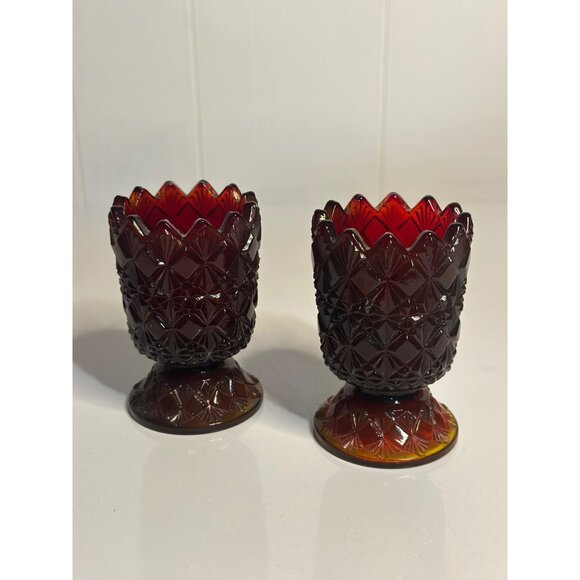 VTG Fenton Ruby Diamond Footed Votive Candle Holders - Set of 2 4.75" Glass - Picture 1 of 9